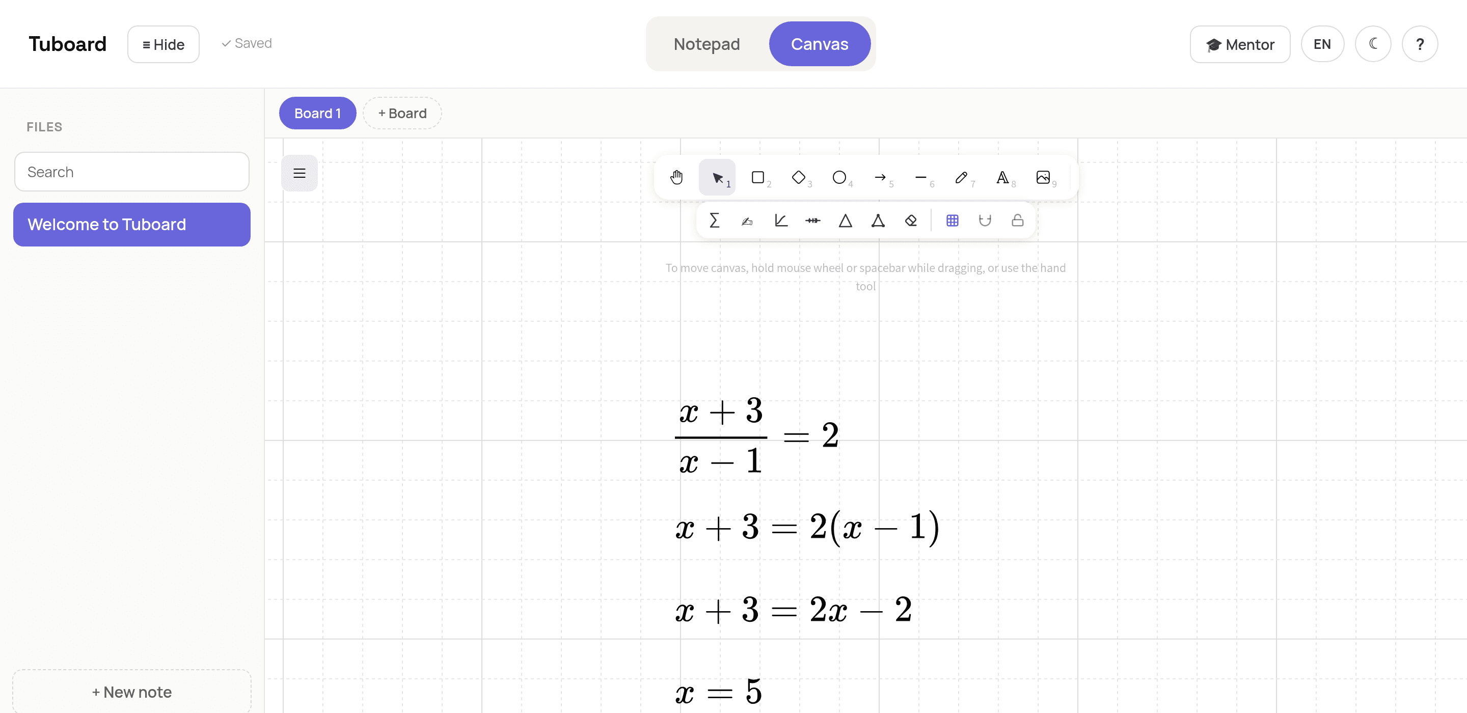 Решение уравнения (x+3)/(x−1)=2 на доске Tuboard в четыре строки, набранные через Enter