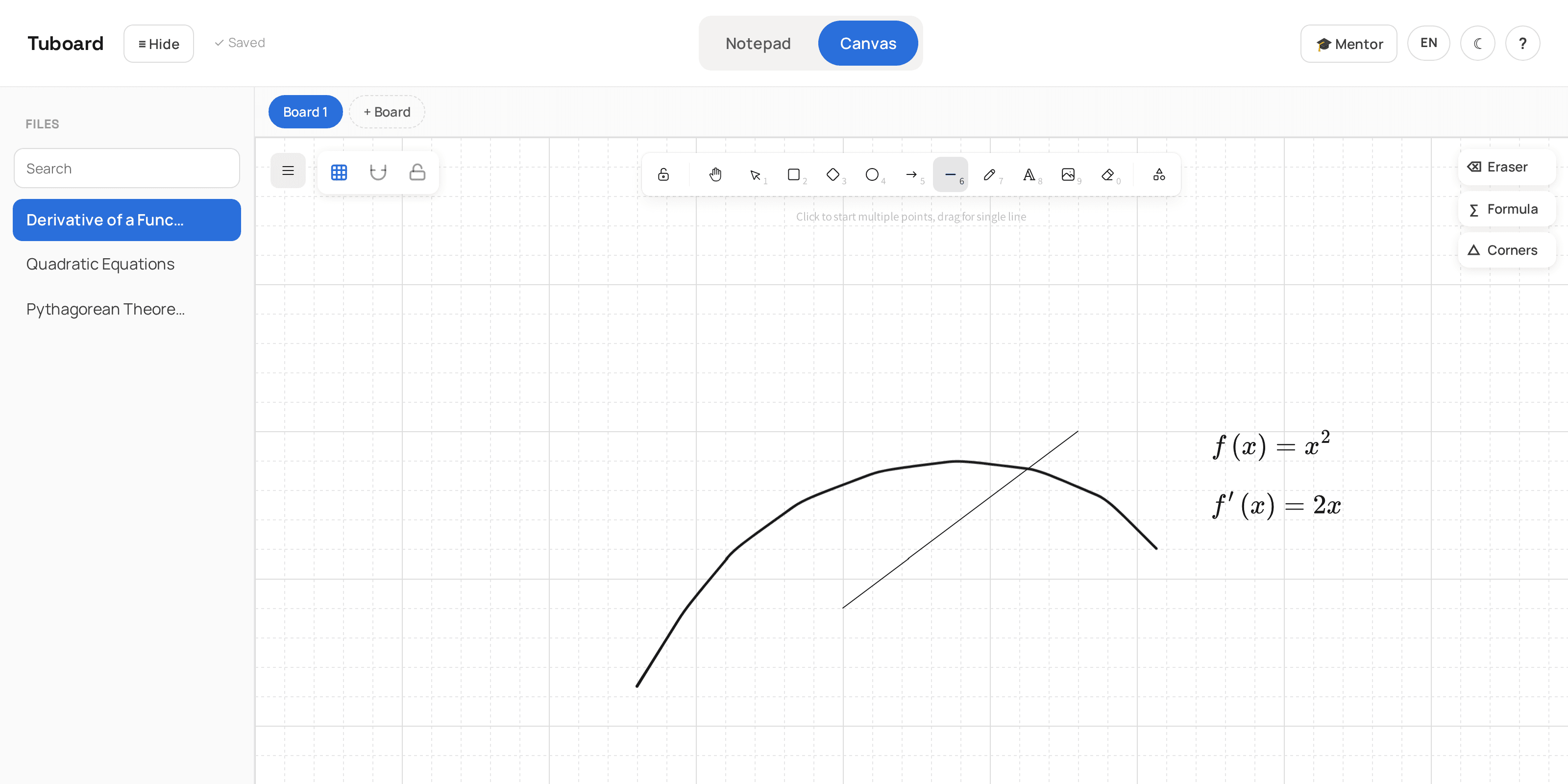 Tuboard canvas showing the derivative of a function with formulas and a hand-drawn curve