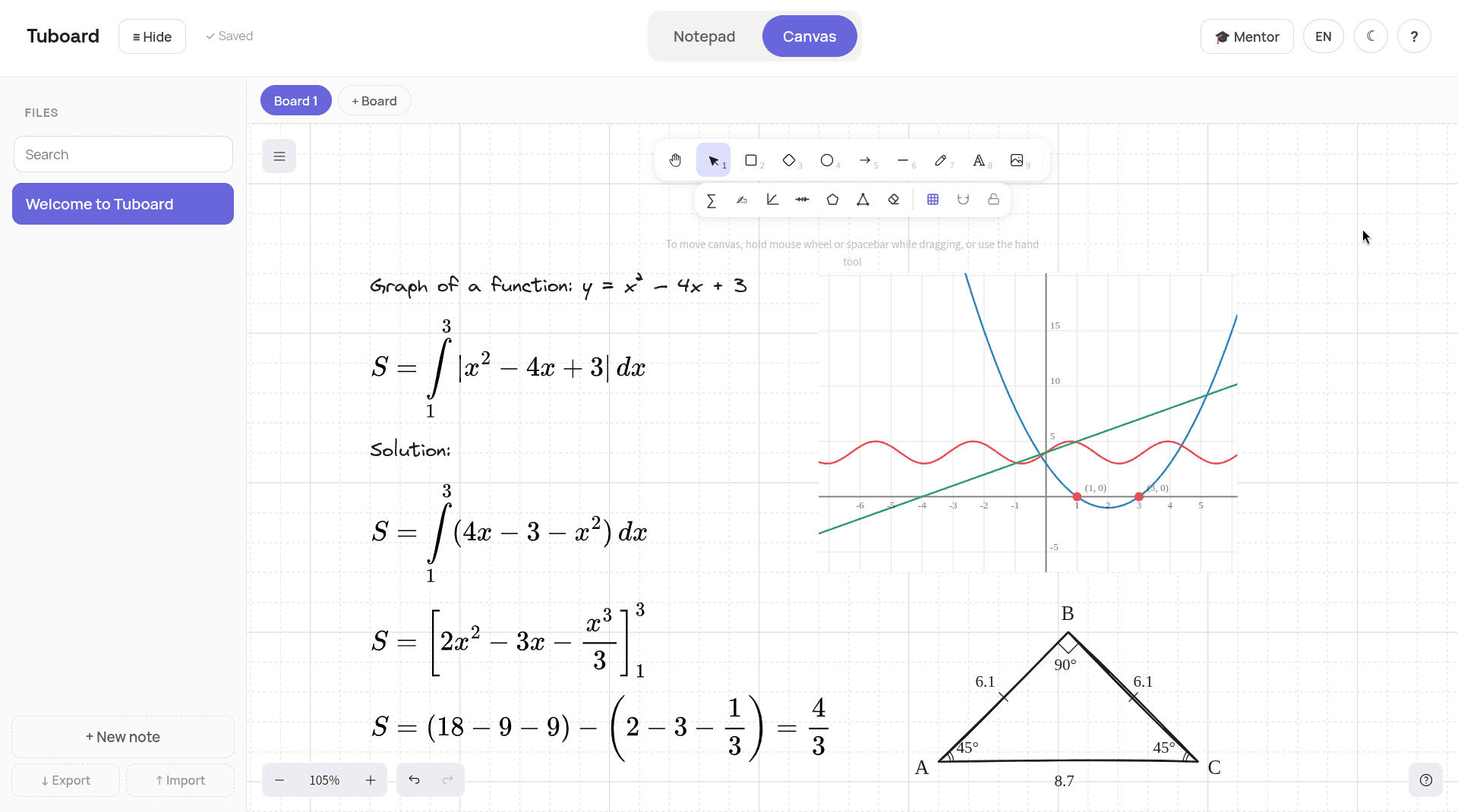Tuboard canvas with a solved definite integral, function graph, and labelled geometry diagram