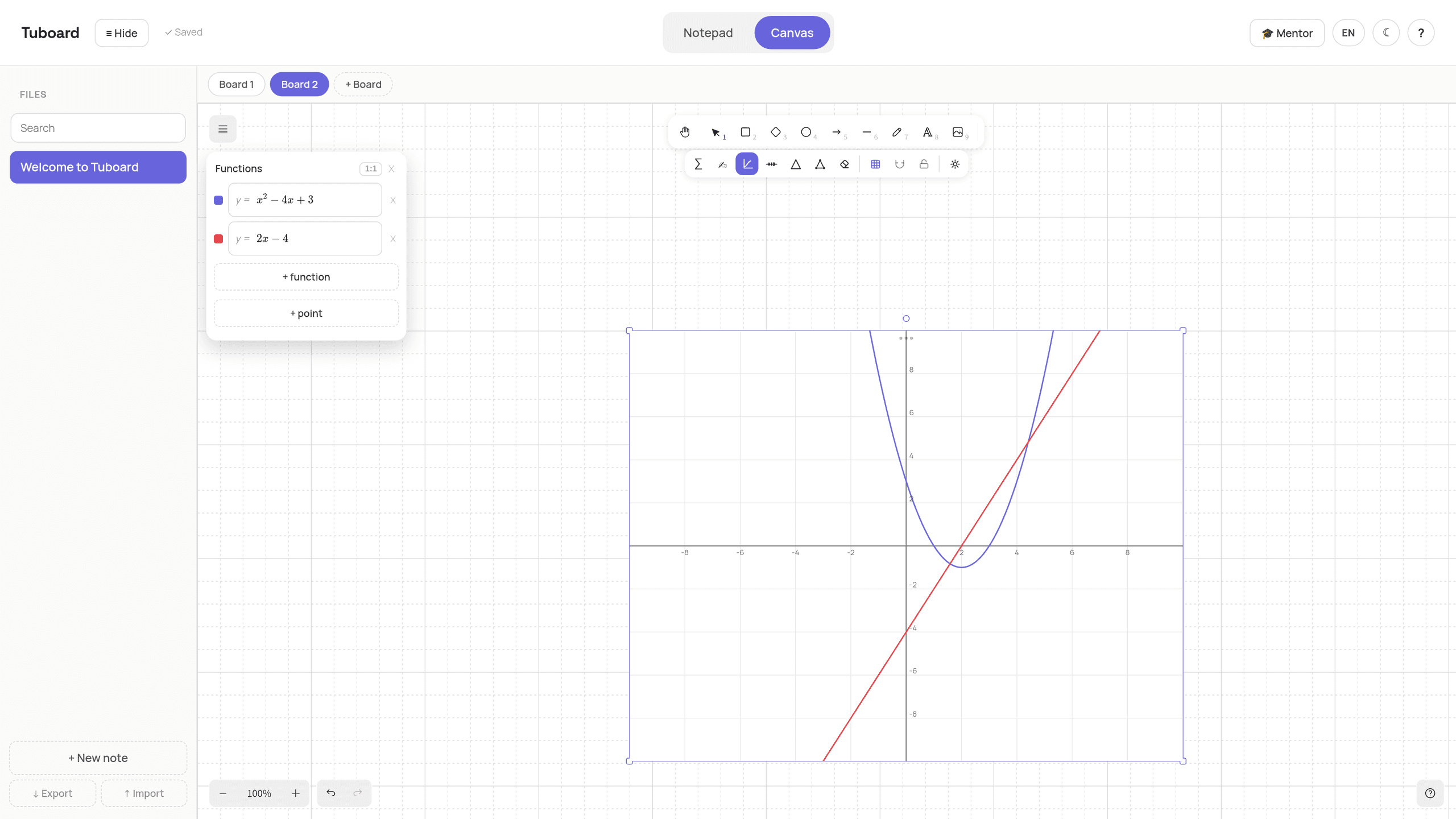 Редактор графіка на дошці Tuboard: список функцій y = x²−4x+3 і y = 2x−4 та побудовані криві на осях