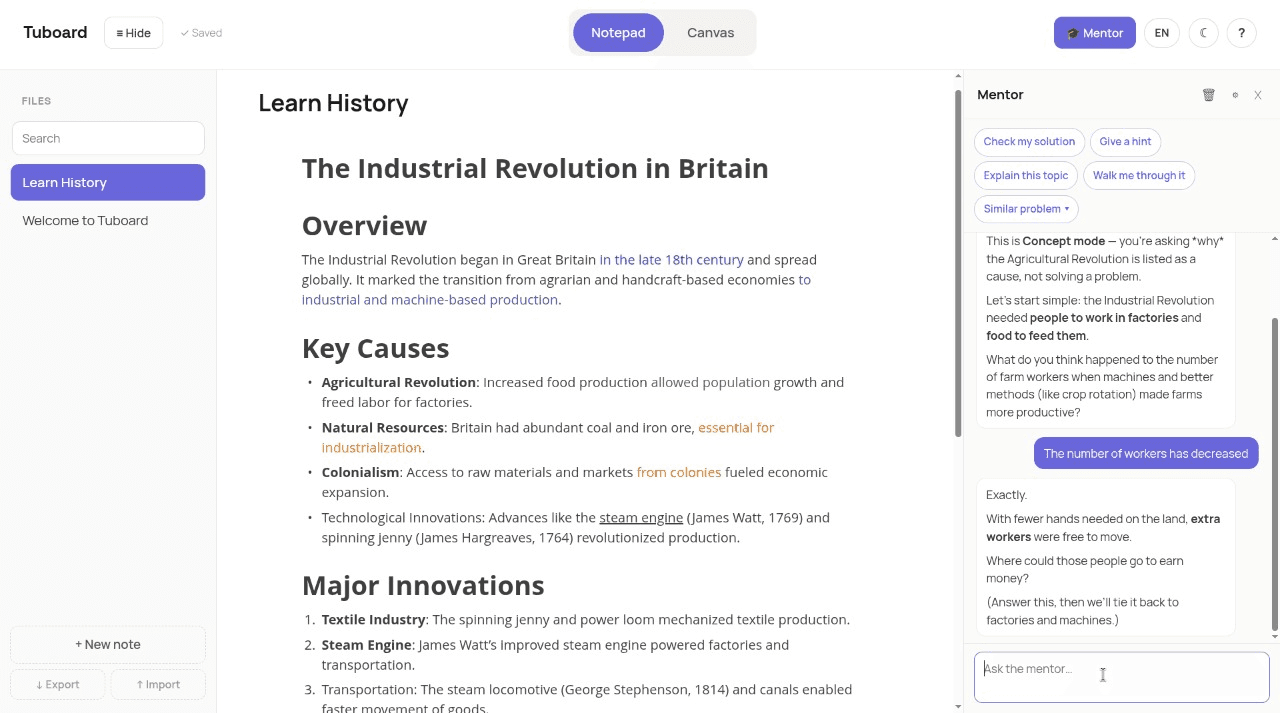 Tuboard note about the Industrial Revolution with the AI tutor conversation open